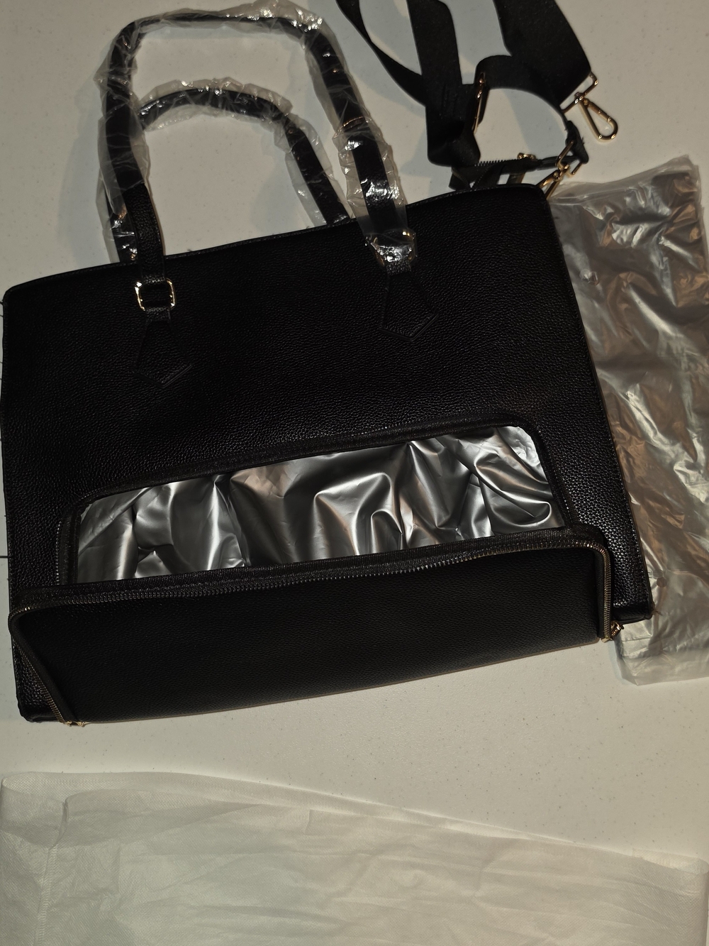 Structured Black Tote Bag with Detachable Strap & Cooler Compartment